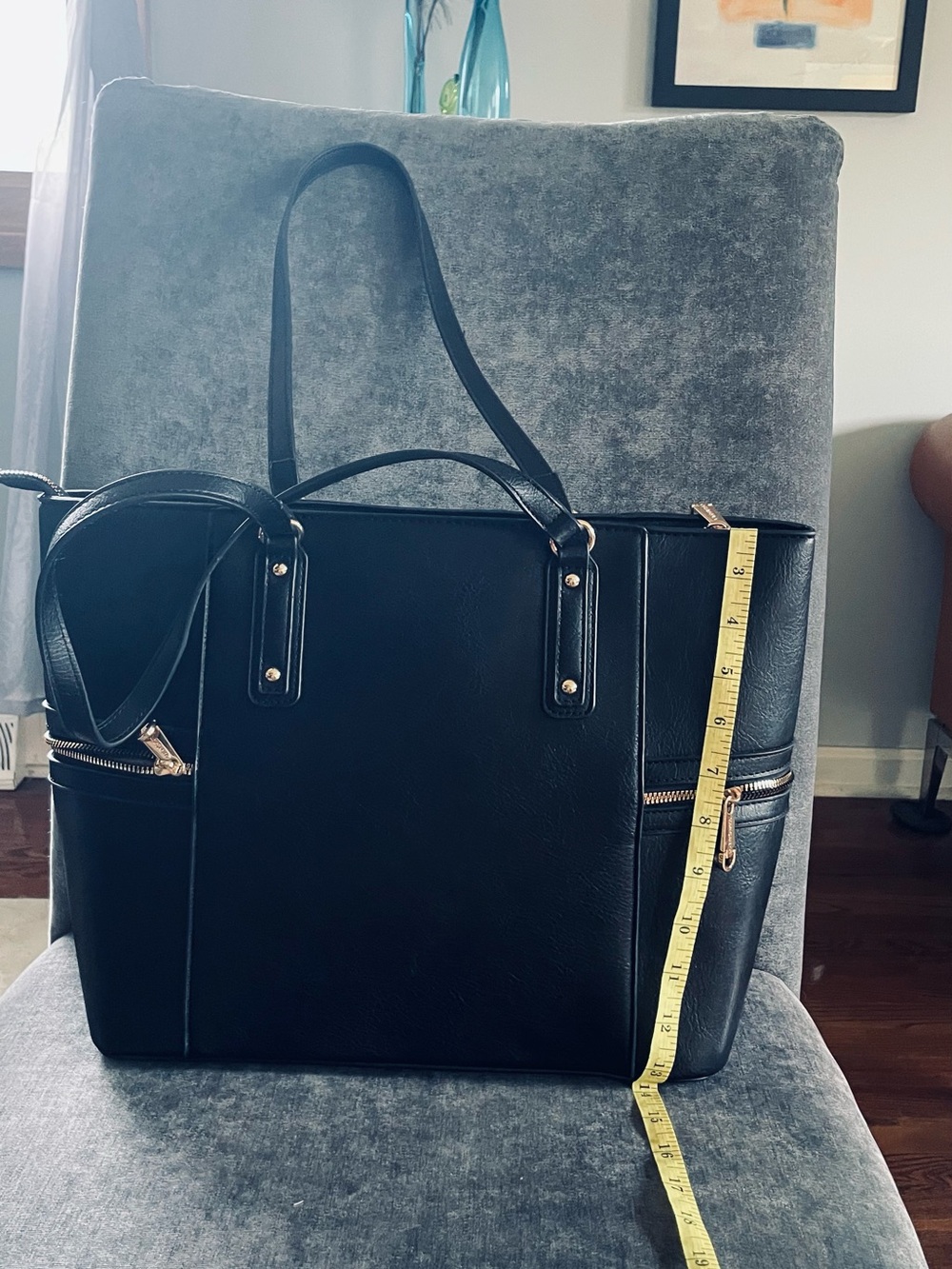Black Structured Tote Bag with Zip Pockets